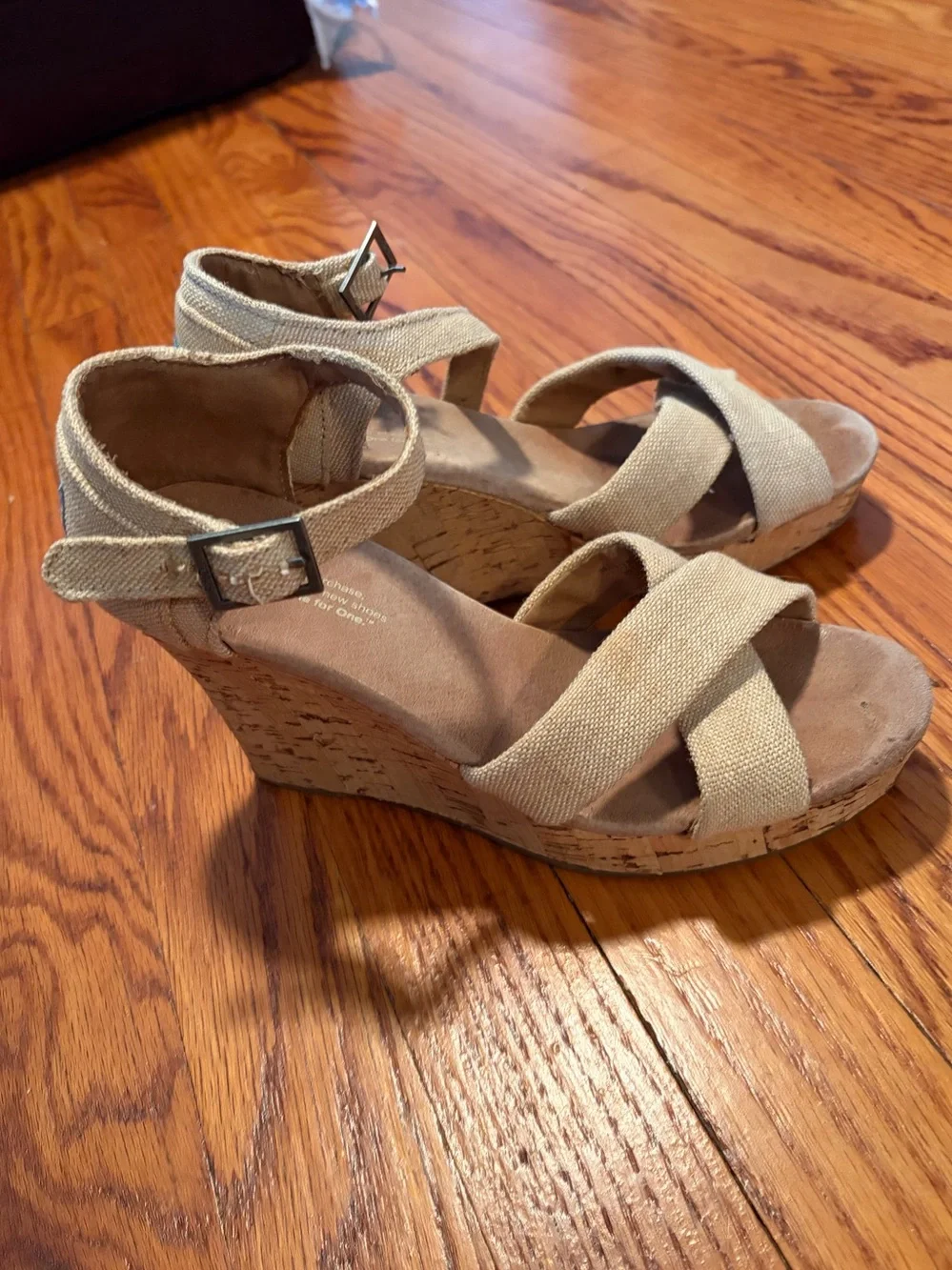 Toms Beige Canvas Cork Wedge Sandals with Ankle Strap size 7